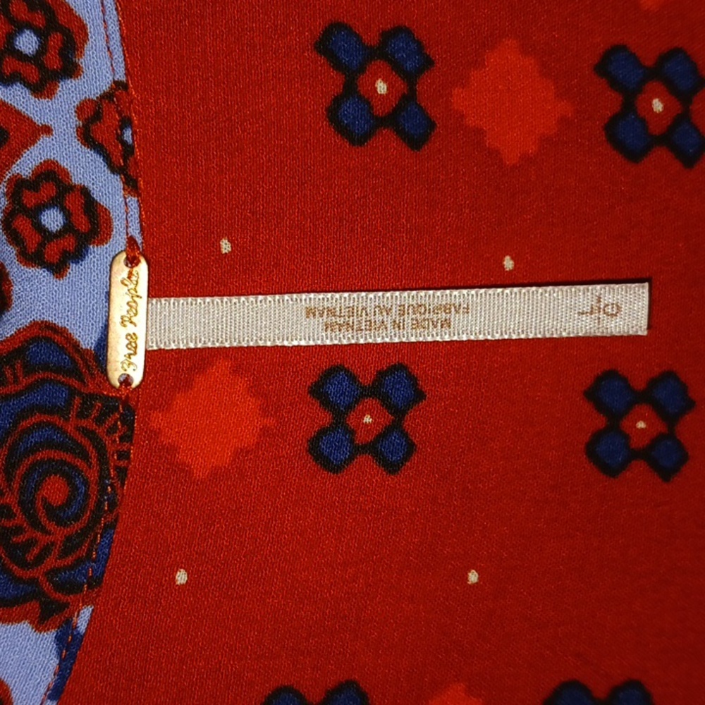 Free People "Scarlet" bohemian tunic blouse v neck button - L - orange/navy - Picture 6 of 12